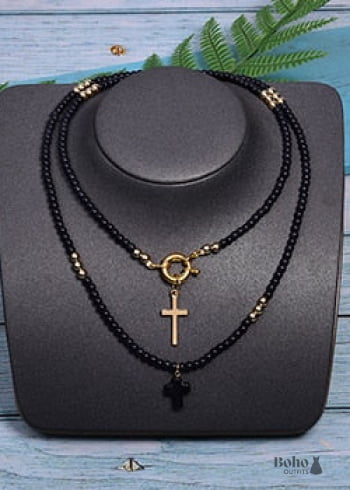 Boho Necklace, Seed Bead Layered Choker, Double Cross